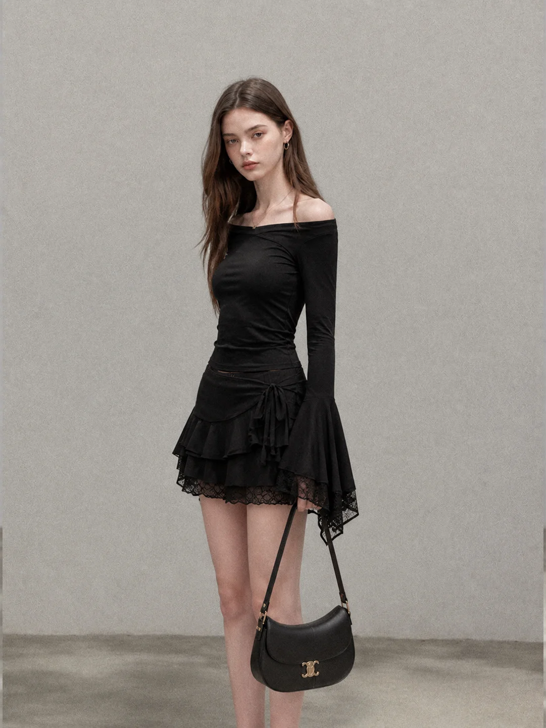 Early Autumn Korean Style Pure Desire One Shoulder Long Sleeve Women's Lace Splice Bell Sleeve Slimming Slim Shirt Casual Style