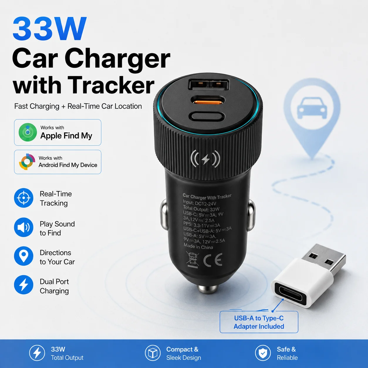33W Dual Port Fast Car Charger with Car Finder Tracker, USB-C & USB-A, Works with Apple Find My and Android Find My Device
