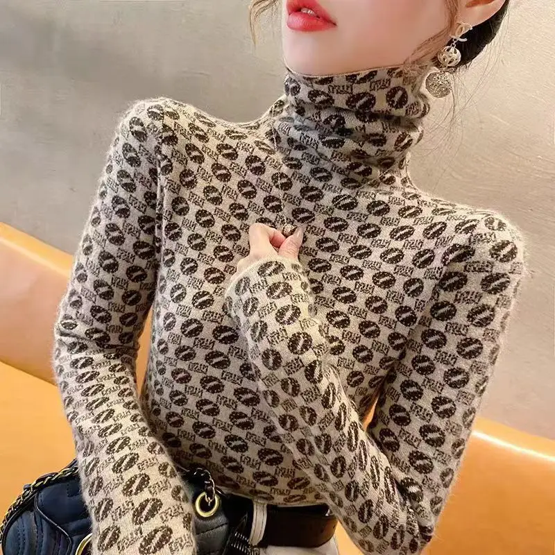 Odzież damska Vintage All-match Turtleneck Swetry z dzianiny Jesień Zima Moda Slim Turtleneck Pullover Office Lady Paisley Top