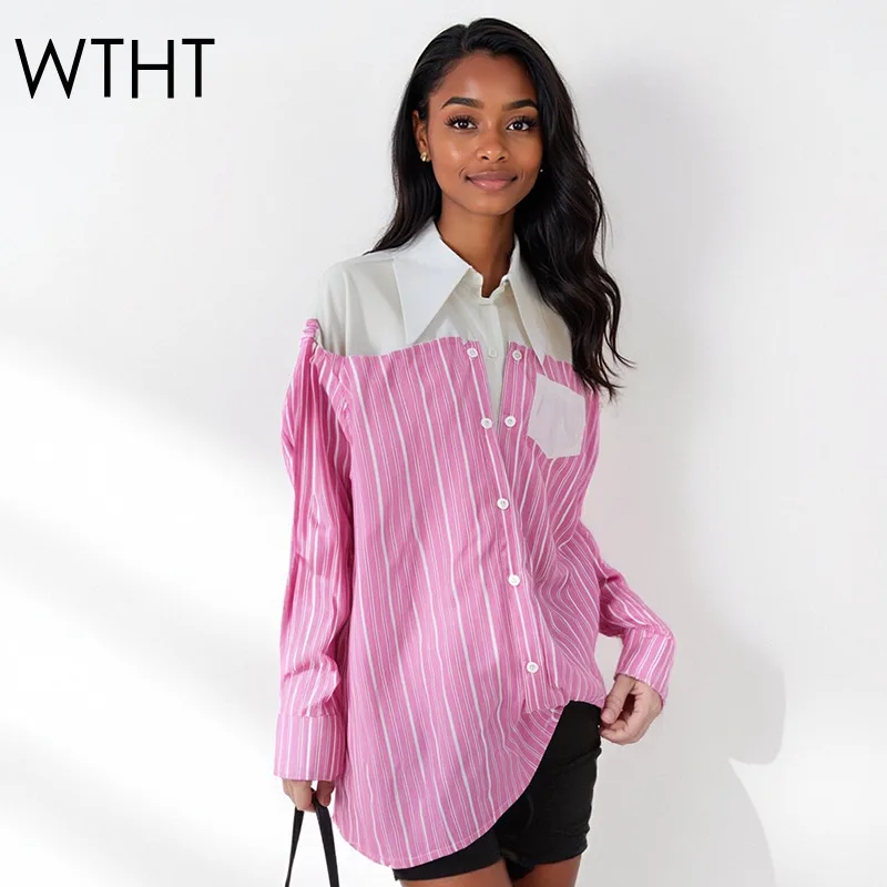 

WTHT New Trendy Women's Patchwork Contrast Color Striped Shirt 2025 Autumn Fashion Lapel Long Sleeve Loose Blouse Female 1LS2438