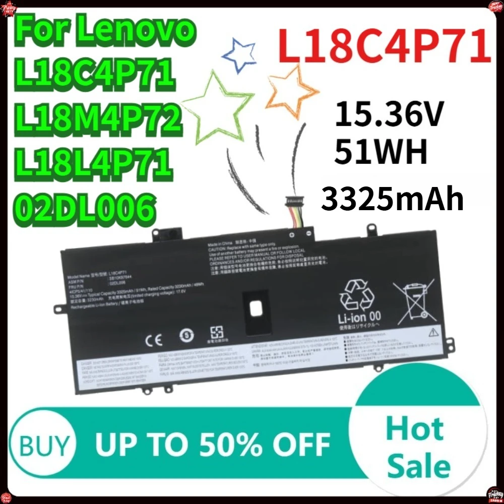 

Аккумулятор 15.36V 51WH 3325mAh L18C4P71 для Lenovo Thinkpad X1 Carbon 7-го поколения 2019, 8-го поколения 2020, Yoga 4-го и 5-го поколений, совместим с L18L4P71, L18M4P72