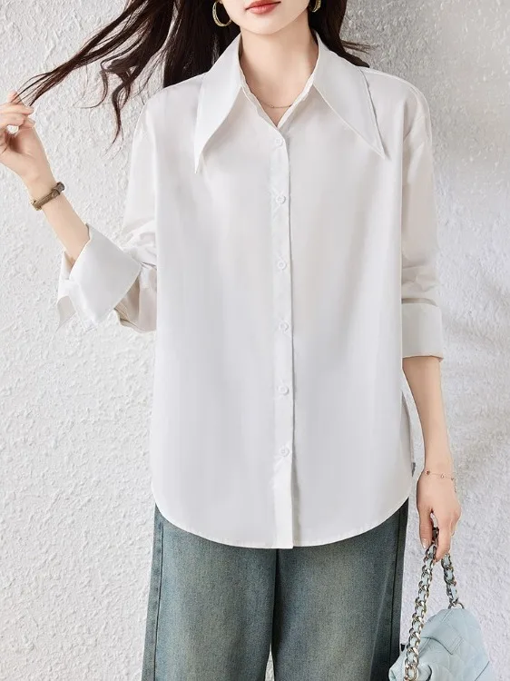 

Loose Women's irt Spring 2026 Long Sve Pointed Collar White Top Label Removed Comfortable Fit Commute Sle Faion