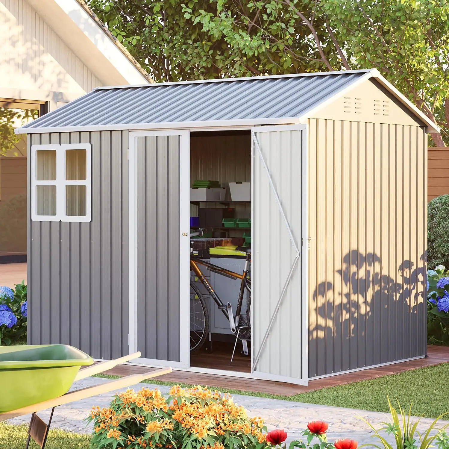 Metal Storage Shed 8x6 ft with Window & Lockable Doors, Sloped Roof Heavy Duty Outdoor Garden Backyard Tool Shed, Customized