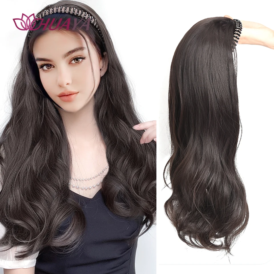 HUAYA Synthetic Headband Wig Natural Seamless Clip in Hair Extensions  Long Wavy Women\'s Wig Natural Heat Resistant Half Wig