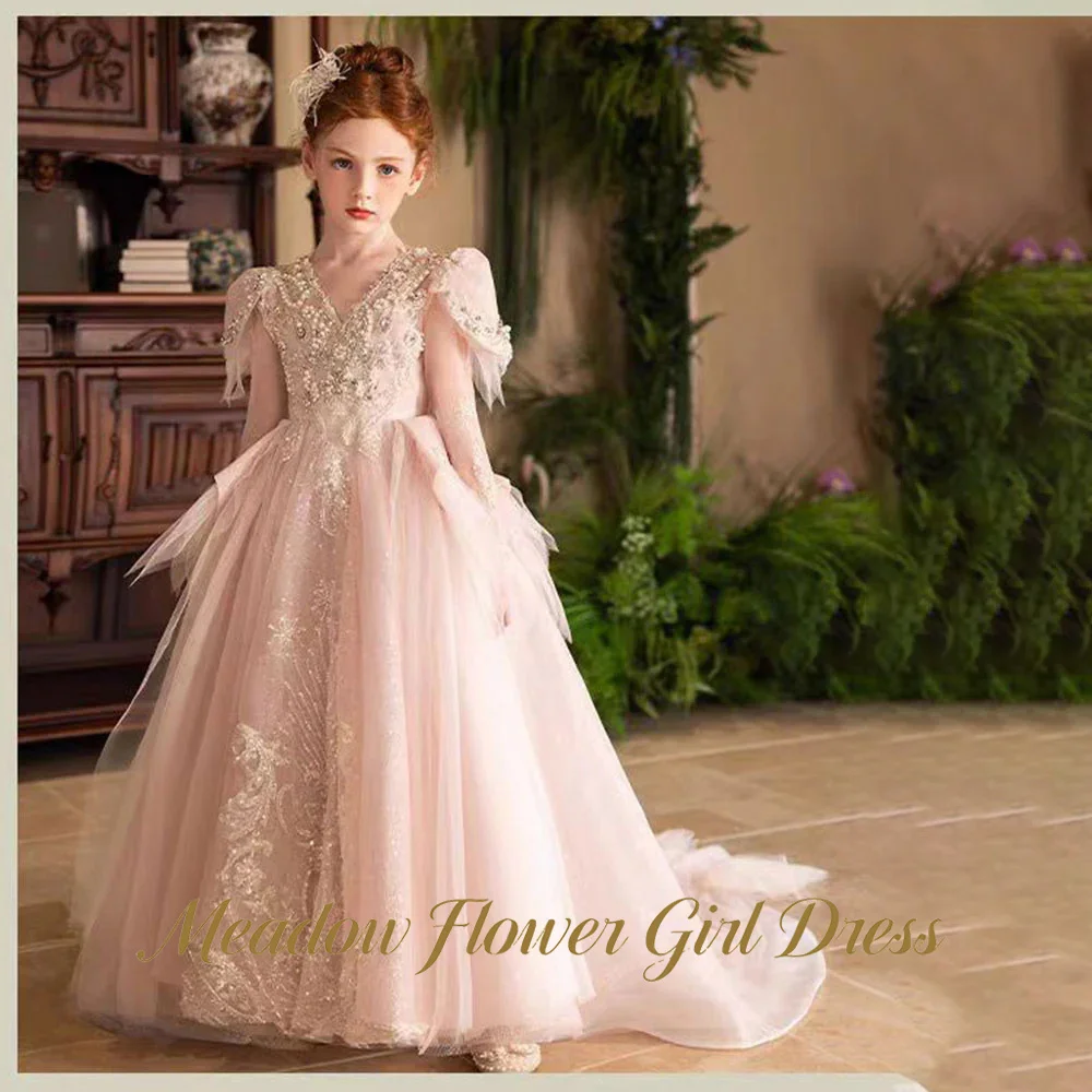 Meadow Blush Pink Tutu Fluffy Prom Gown V Neck Elegant Kids Girl Birthday Party Dress with Crystal Long Sleeve Flower Girl Gown
