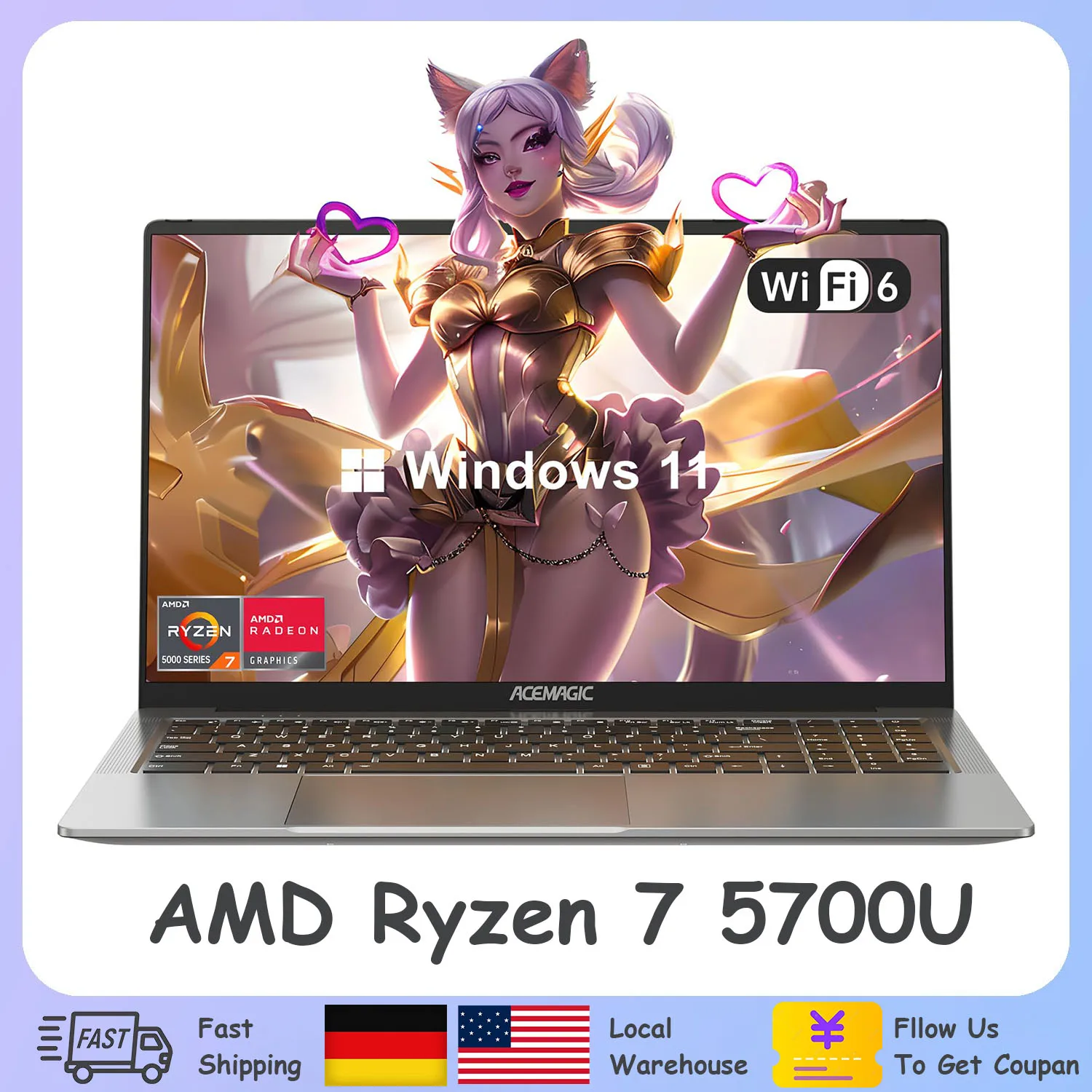 Игровой ноутбук ACEMAGIC AMD Ryzen 7 5700U, игровая клавиатура с подсветкой, 16 ГБ, NVME SSD, 512 ГБ, 16,1 дюйма Full HD, X