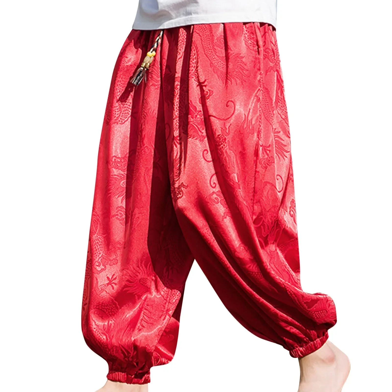 Mens Summer Hipster Ice Silk Satin Pants Dragon Pattern Chinese Loose Trousers Smooth Satin Pants Taiji Comfortable Beach