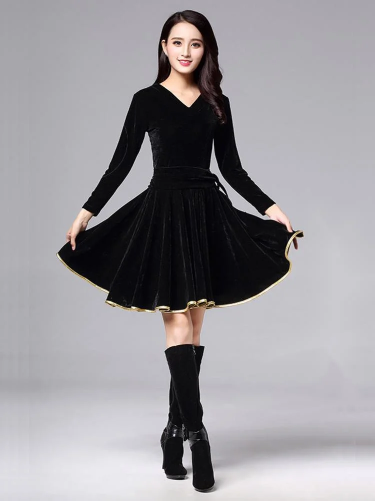 Solid Color Latin Dance Practice Ballroom Dress Belly Costume Jazz Long Sleeves Competition Sports Classical Bandage Vestidos