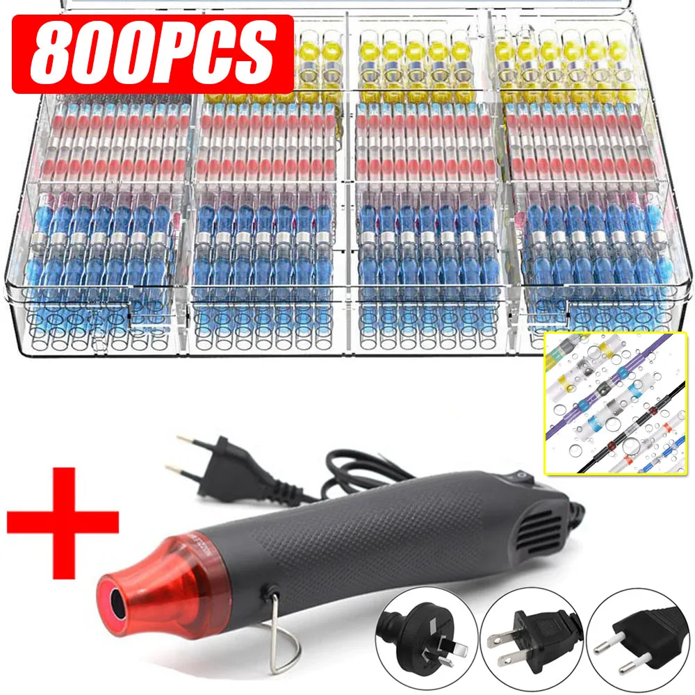 

800PCS Waterproof Heat Shrink Butt Crimp Terminals Solder Seal Electrical Wire Cable Splice Kit with Hot Air Gun