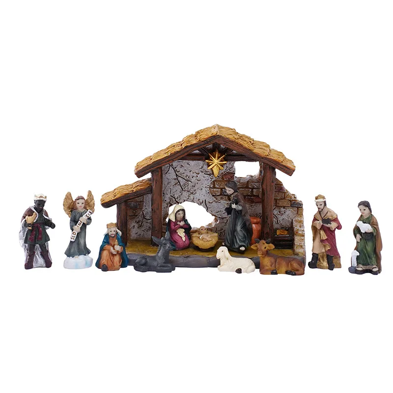 3cm Classical Christmas Nativity Stable Set with House, Resin Craft Ornament Gift Box for Home Table Decor, New