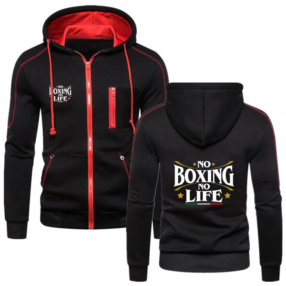 

2025 No Boxing No Life Gym Spring Autumn Men Print Fashion Comfortable Cotton Zipper Hoodie Solid Color Hooded Jacket Sweatshirt
