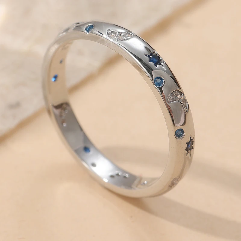 Eleganter silberfarbener Stern- und Mondring mit eingelegtem weiß-blauem CZ für Damen, für den täglichen Gebrauch, Partyschmuck – Detail 3