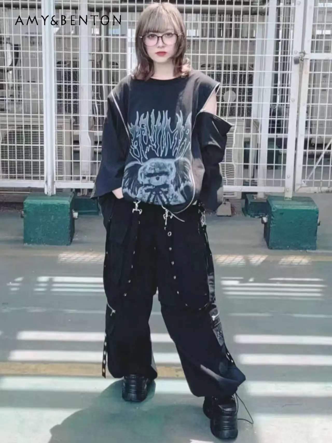 ثقافة فرعية الصليب زيبر الخفافيش كم الكرتون طباعة فستان كبير الحجم للنساء القوطي الشرير نمط تي شيرت تنورة الألغام سلسلة فستان قصير