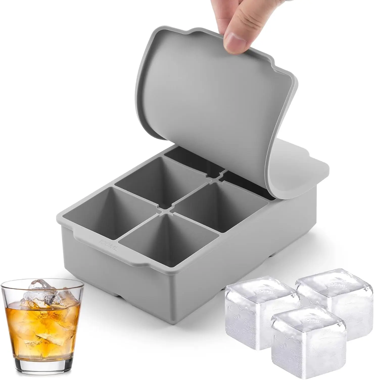 

Caki Large Ice Cube Tray with Lid, Stackable Big Silicone Square Ice Cube Mold for Whiskey Cocktails Bourbon Soups Frozen Treats