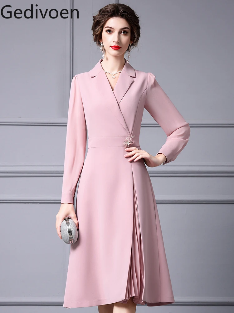 

Gedivoen Fashion Designer Spring Women's Dresses Notched Three-dimensional Decoration Solid Office Lady Pleated Dress