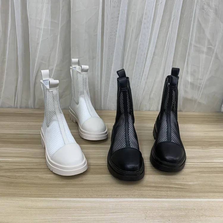 

Женские летние дышащие кожаные ботинки челси на тонком каблуке с круглым носком, однотонные, модные, без застежек, на меховой подкладке