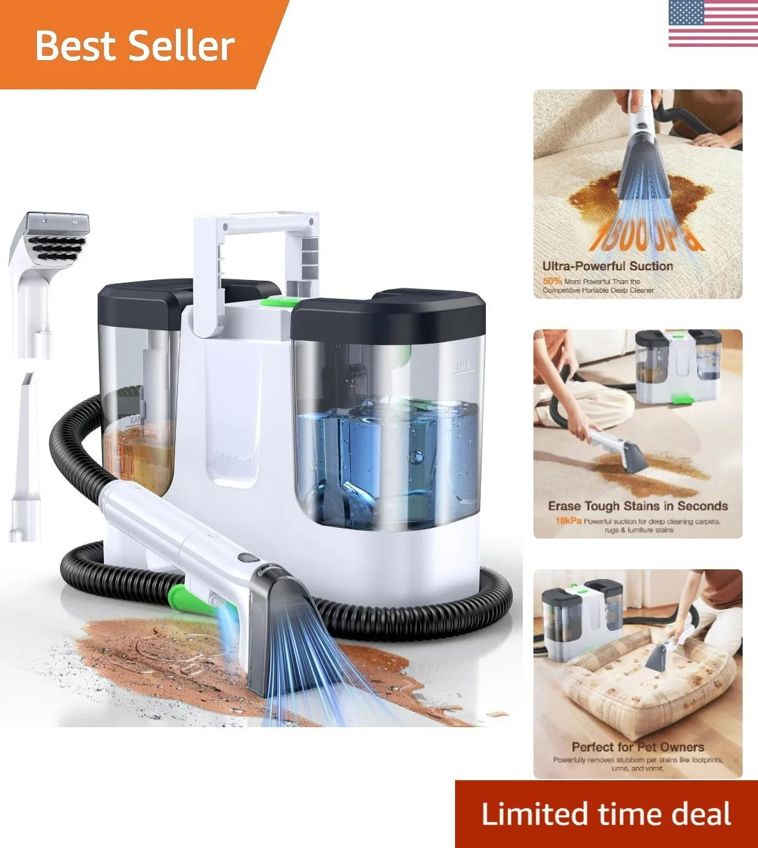 Portable Carpet & Upholstery Cleaner, 18Kpa Carpet Cleaner Machine for Deep S...