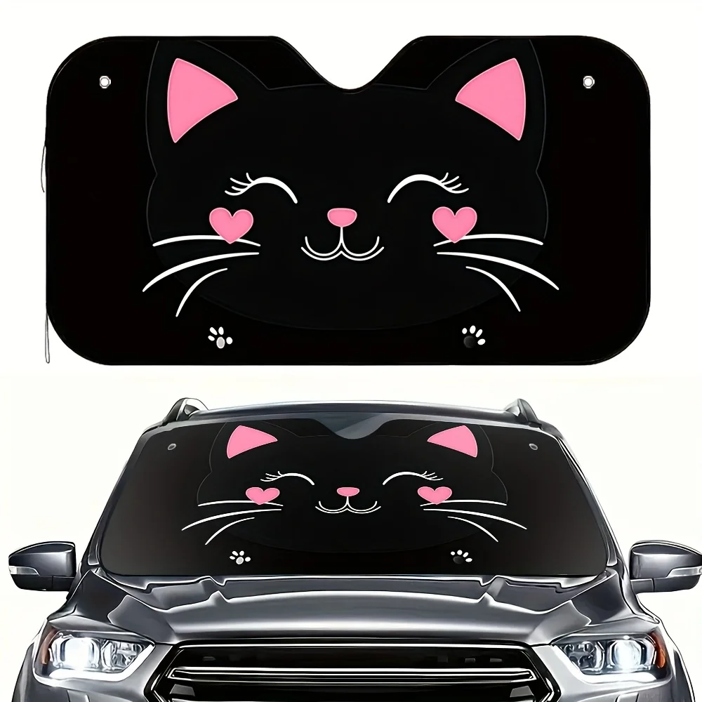 

1pc Cute Cat Smiling Face Picture Sunshade Stylish Print, Keeps Your Vehicle Cool, Includes 4 Suction Cups, Easy to Install
