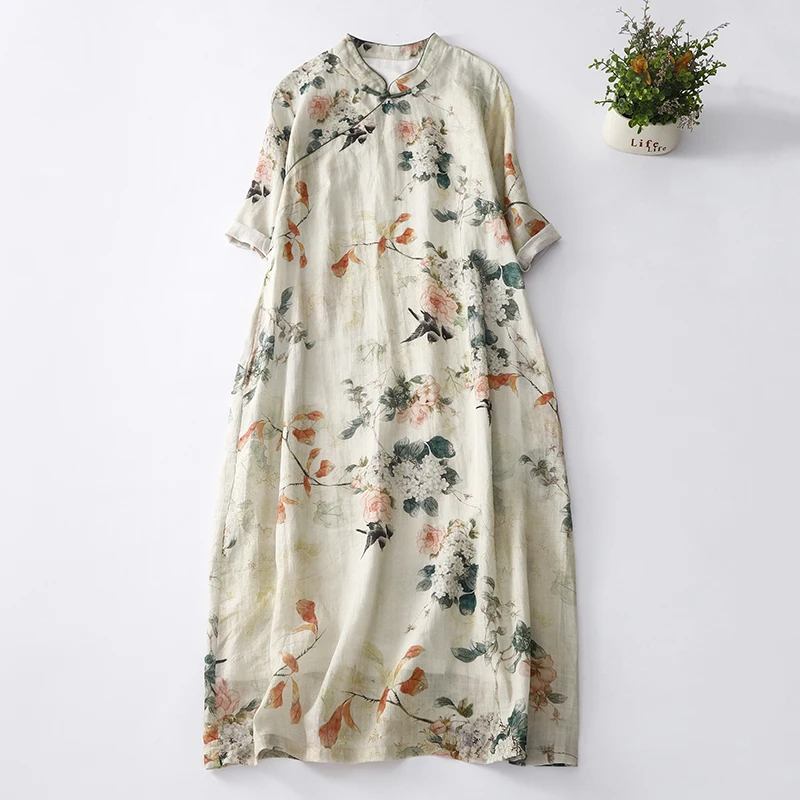 Retro artístico dupla camada emagrecimento Tussah seda Dr com gola assimétrica abotoada na altura do joelho vestido de noite