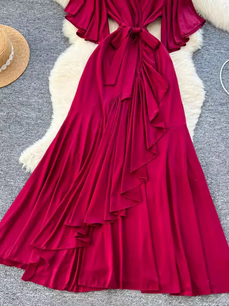 ربيع الخريف المرأة بورجوندي فستان ماكسي الخامس الرقبة التفاف الجبهة كم طويل أنيق فستان حفلة بوهو عادية كشكش رداء طويل جديد 2026 #5