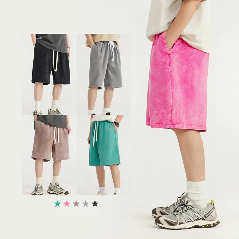 

320G Heavy Washed Old Shorts Men's Summer Pure Cotton Batik Double Yarn Loose American Retro Shorts gym shorts