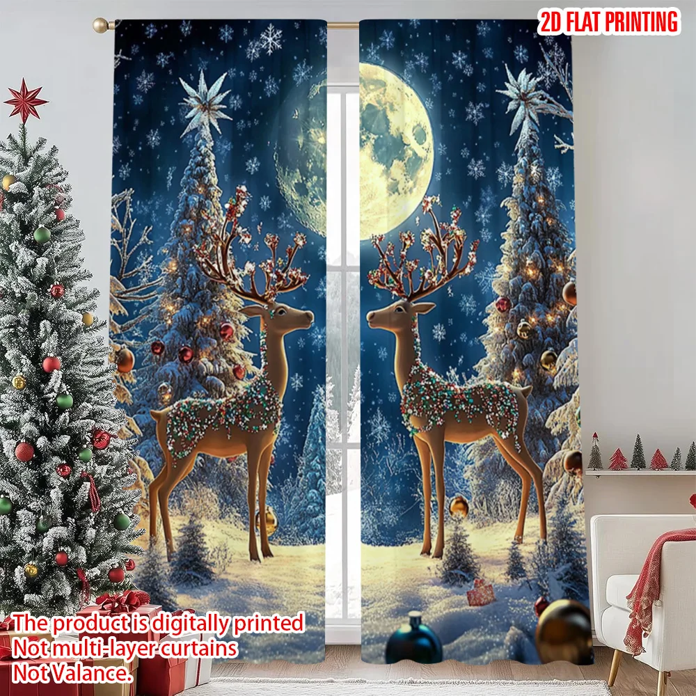 

2pcs 2D flat printing Christmas Drapes Winter Wonderland Reindeer Machine Washable Fabric Without Electricity Festive Curtains