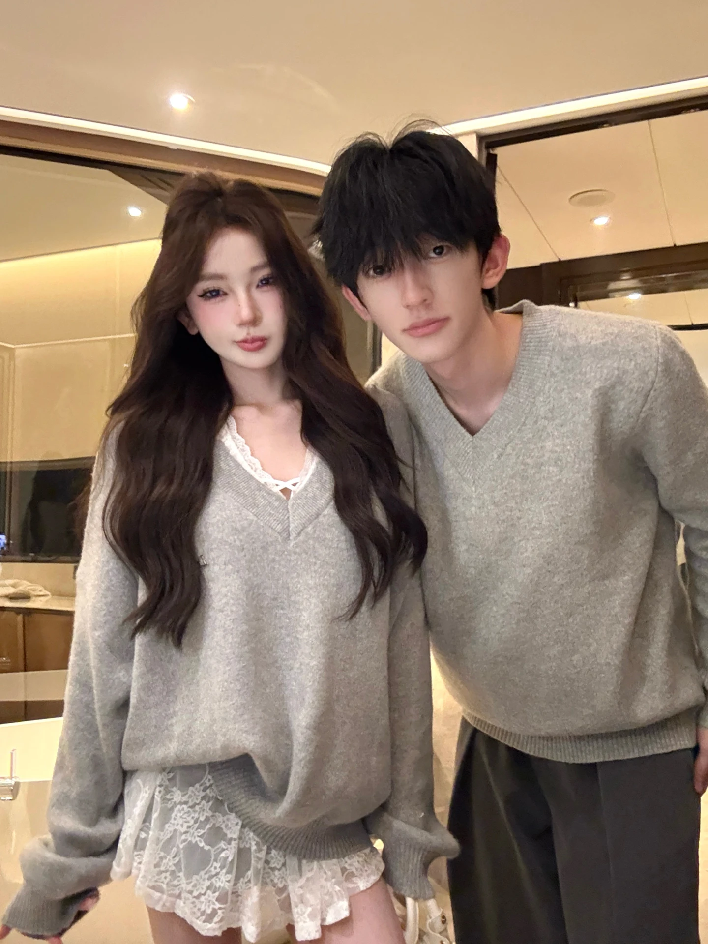 Couple's Knitted Sweater Set V-Neck Lace Neckline Slimming Casual Wear Two-Piece Soft Material Long Sleeve Loose Fit Knitwear