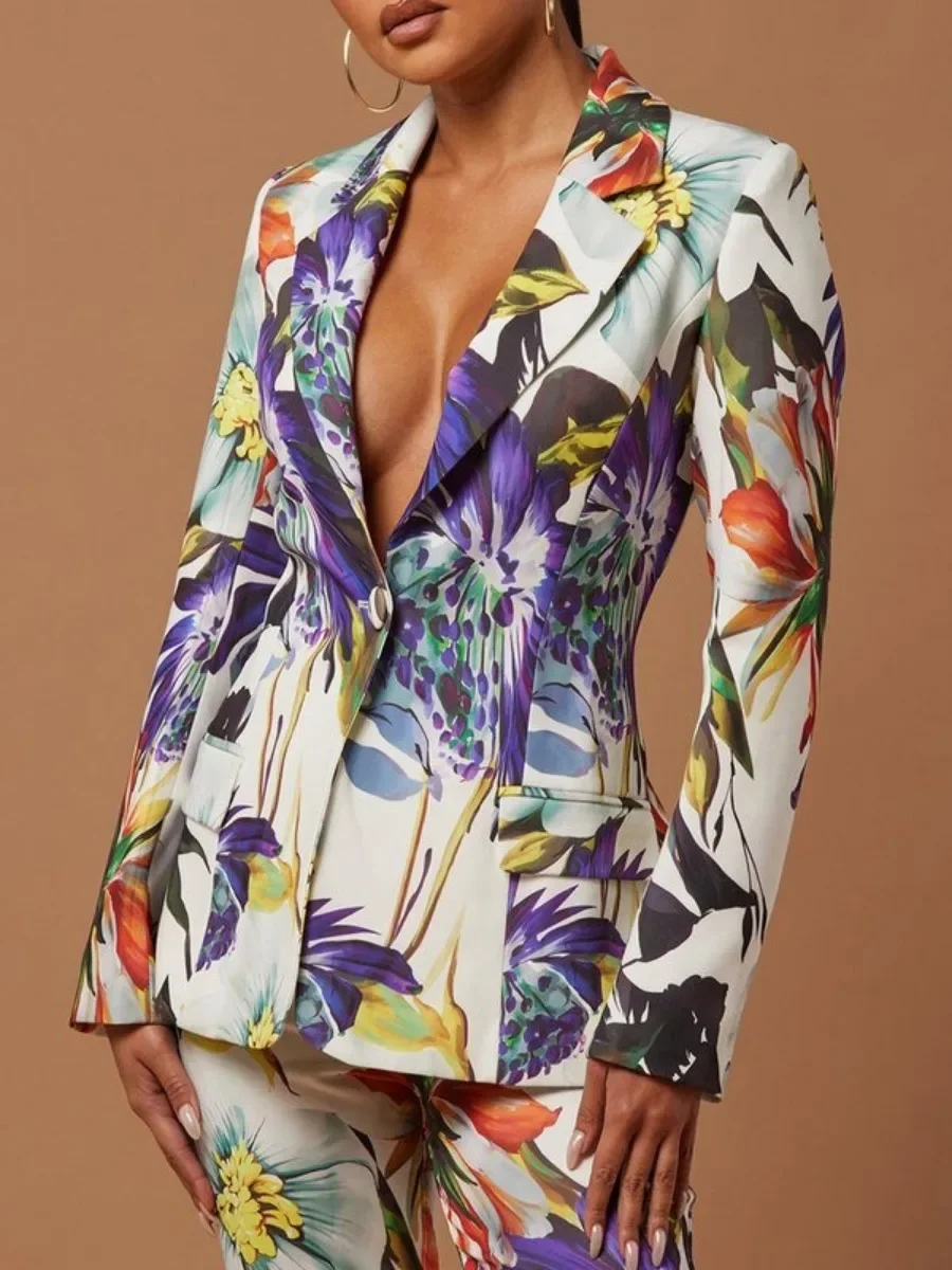 Jennifer Floral Printed Long Sleeves Blazer Jackets 2024 New Floral Printed Split-Joint Long Sleeves Lapel Suit Outerwear Blazer