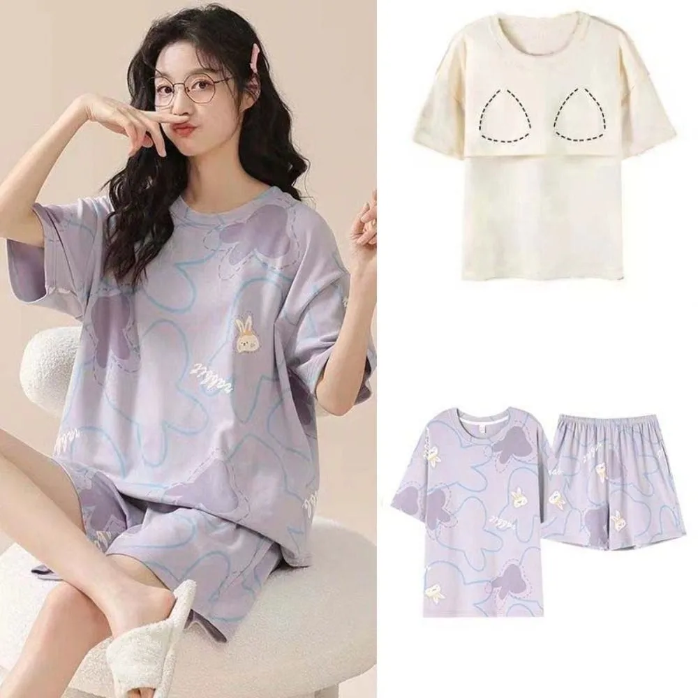 

Casual Flower Cotton Shorts Pajamas Set Bear Rabbit Thin Cartoon Cotton Pajamas Loose Summer 2 Pieces Sleepwear Home