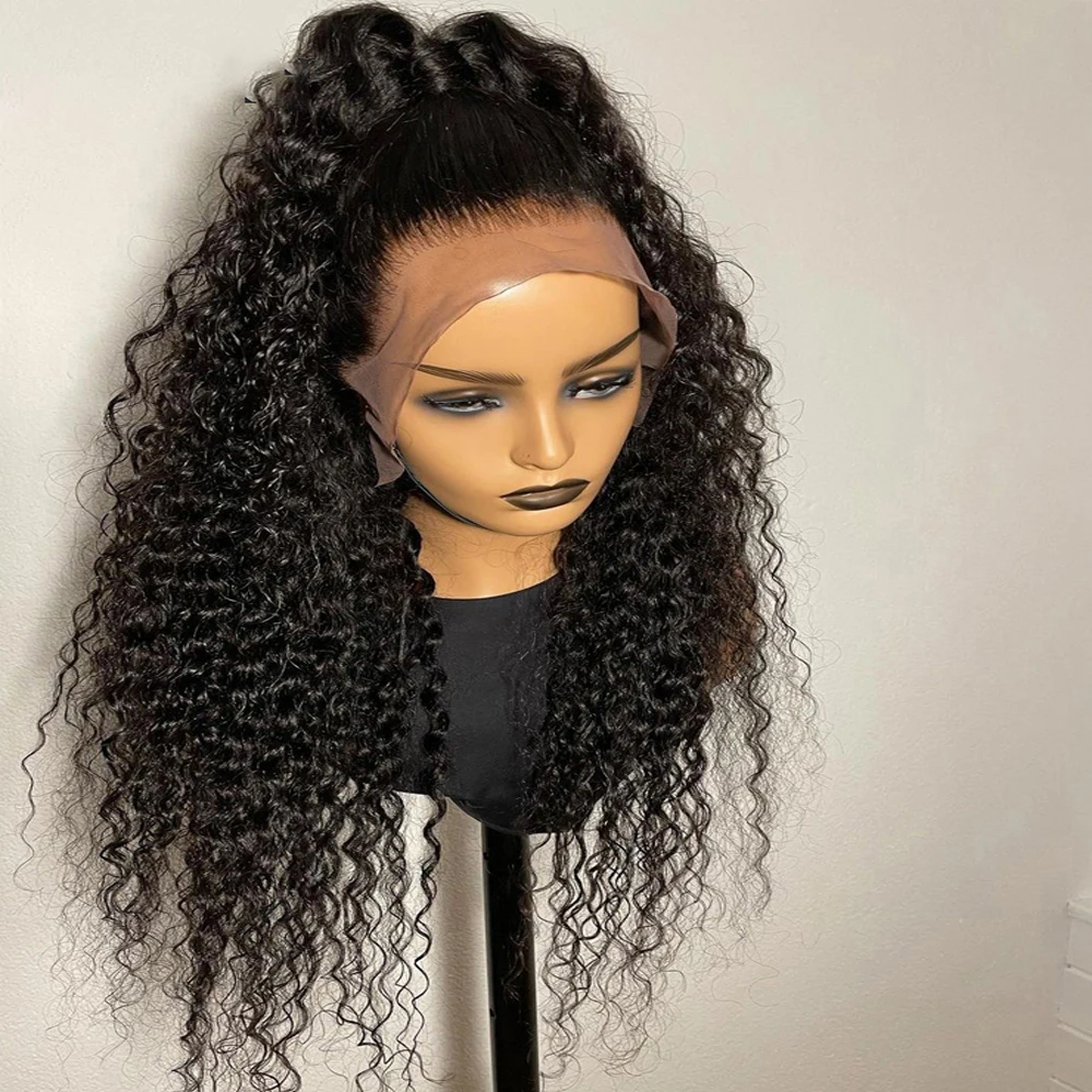 Peluca con malla frontal rizada negra Natural de 26 pulgadas de largo, suave para mujeres negras con pelo de bebé sin pegamento prearrancado sintético para uso diario