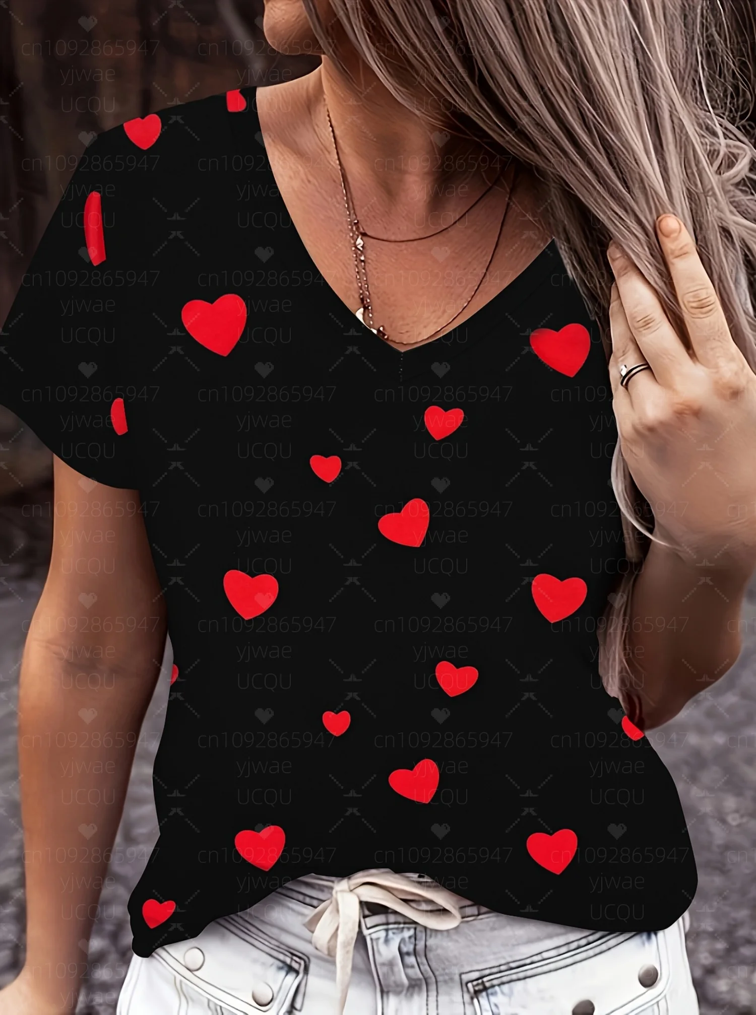 Frauen Valentinstag Rotes Herz Aufdruck V-Ausschnitt Kurzarm T-Shirt T-Shirt Baseball Trikots Streifen Frauen Übergroßes Sport T-Shirt