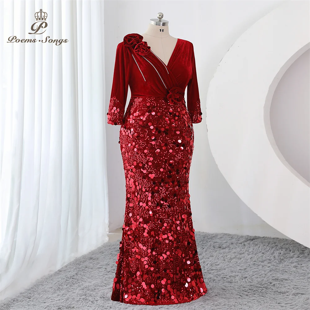 Long sleeve Evening dress vestidos de fiesta elegantes largos de noche Plus Size red party dresses woman Gown Maxi dress