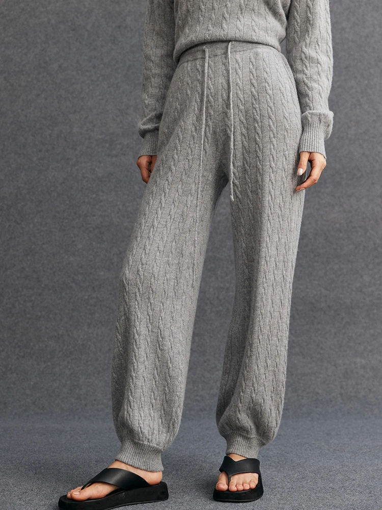 TLOML New Women's 100% Cashmere Knitted Cable Knit Bloomers Pants Autumn Winter Soft Warm Comfy Casual Trousers Cashmere Pants