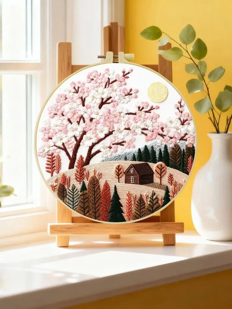 1 Stück 20X20CM/15X15CM 7,87/6,3 Zoll Schönes Landschafts-Stickerei-Starter-Kit DIY-Kit DIY-Stickerei-Set Handarbeiten Heimdekoration – Detail 6