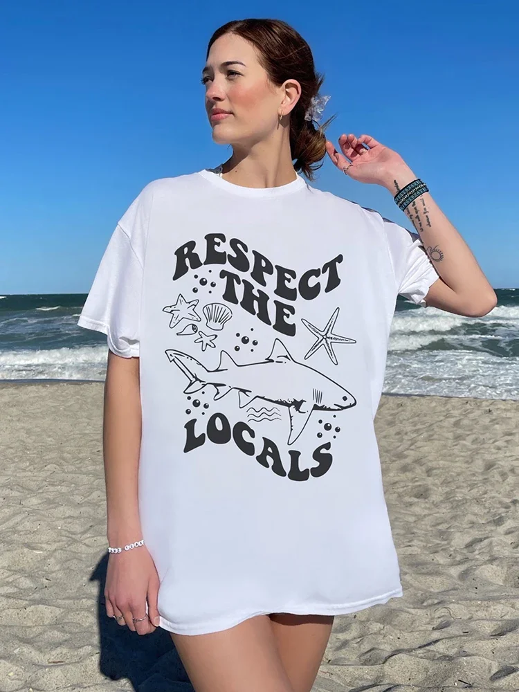 Respect The Locals Shark Starfish Print Womans Cotton Tee Clothing Creativity Casual Vintage Short Sleeve O-Neck Women T-Shirts