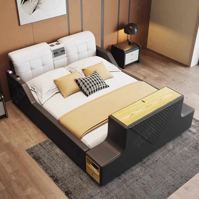 Ultimate Bed Frames Genuine Leather Multifunctional Bed With Massage Backrest, Bluetooth Speaker, Intelligent Lifting TV Cabinet