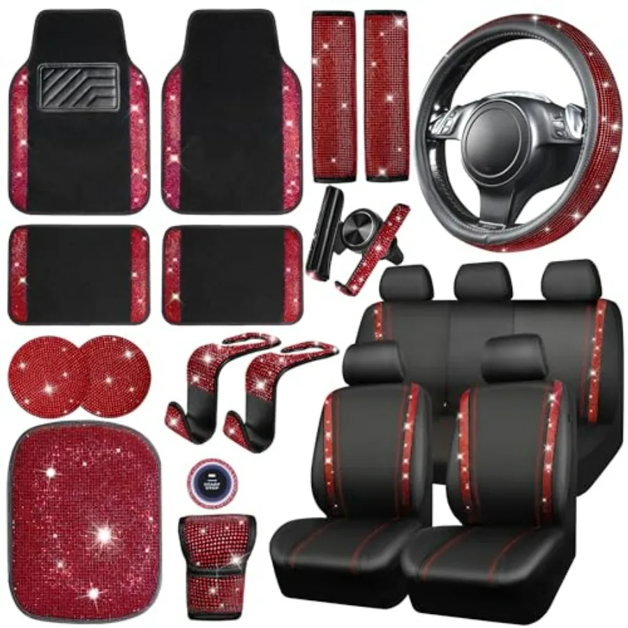 

23 PCS Bling Diamond Car Accessories Set for Women Red Leather Car Seat Covers Full Set Sparkly Rhinestone 15'' Steering Wheel