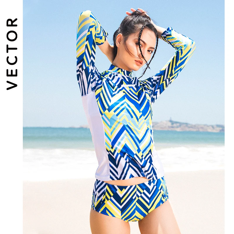 Long Sleeve Women Swimwear Bikini 2022 Printed Plaid Swimsuit Zipper Two Piece Surf Suit Patchwork Swimsuit Turtleneck Wetsuit