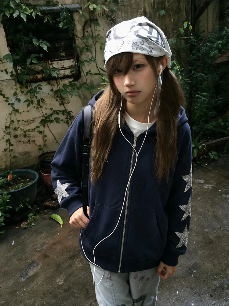 Tonngirls Y2k Japanischer Zip-up Hoodie für Damen, Strass-Stern, lockerer Pullover, amerikanischer Retro-Vintage-Kapuzenmantel, Ästhetik der 2000er Jahre – Detail 4