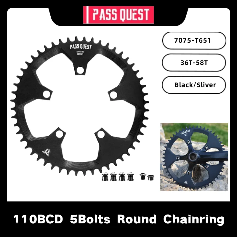 

PASS QUEST 110BCD 110/5 Bolts 7075-T651 Narrow Wide Chainring Aluminum Alloy Chainwheel ROUND for 9/10/11/12S Crankset Bicycle