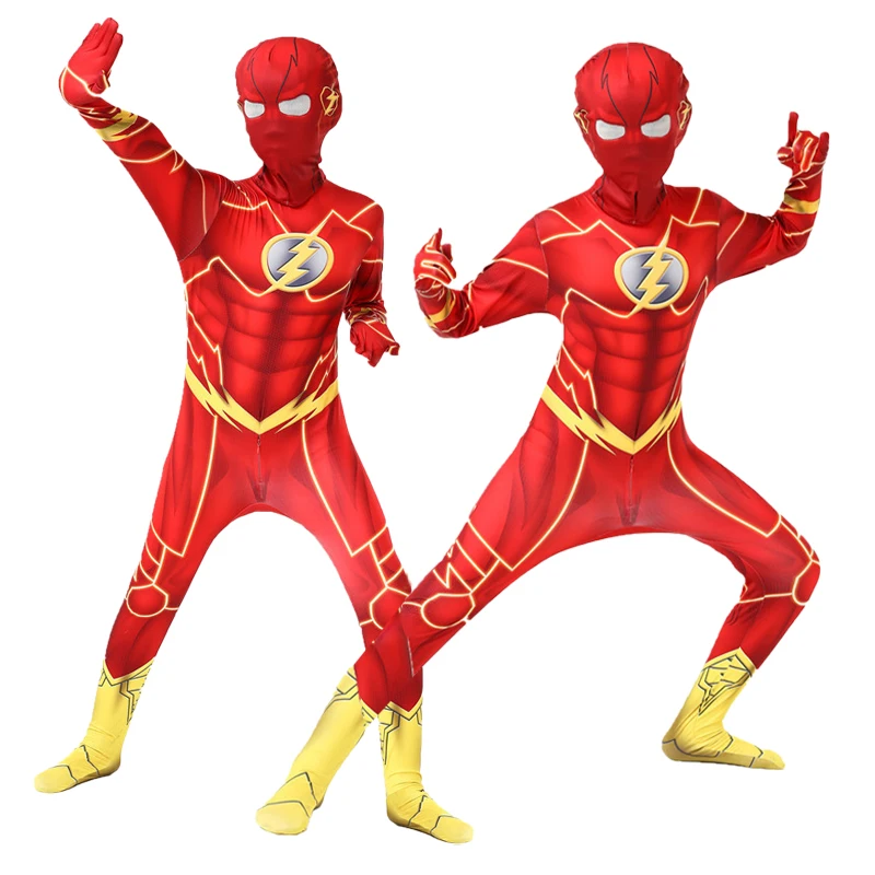 Kids Flash Man Boys Cosplay Costume New Year Carnival Party Fancy Dress with Headgear Mask Sets