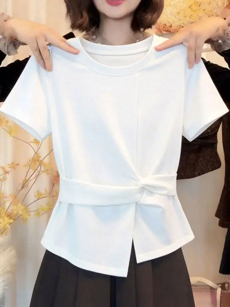 White Simple round Neck Short Sleeve T-Shirt Women's Summer New Design Twist Knot Slimming Overhead Shirt Casual Style Univer...