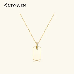 ANDYWEN 925 Sterling Silver Gold Square Pendant Long Chain Necklace Simple Women Fashion Crystal Zircon Wedding Party Jewelry