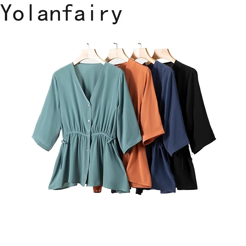 

YOLANFAIRY Французские шикарные рубашки из 100% натурального тутового шелка для женщин, летние топы с v-образным вырезом, элегантные женские рубашки, новая женская рубашка