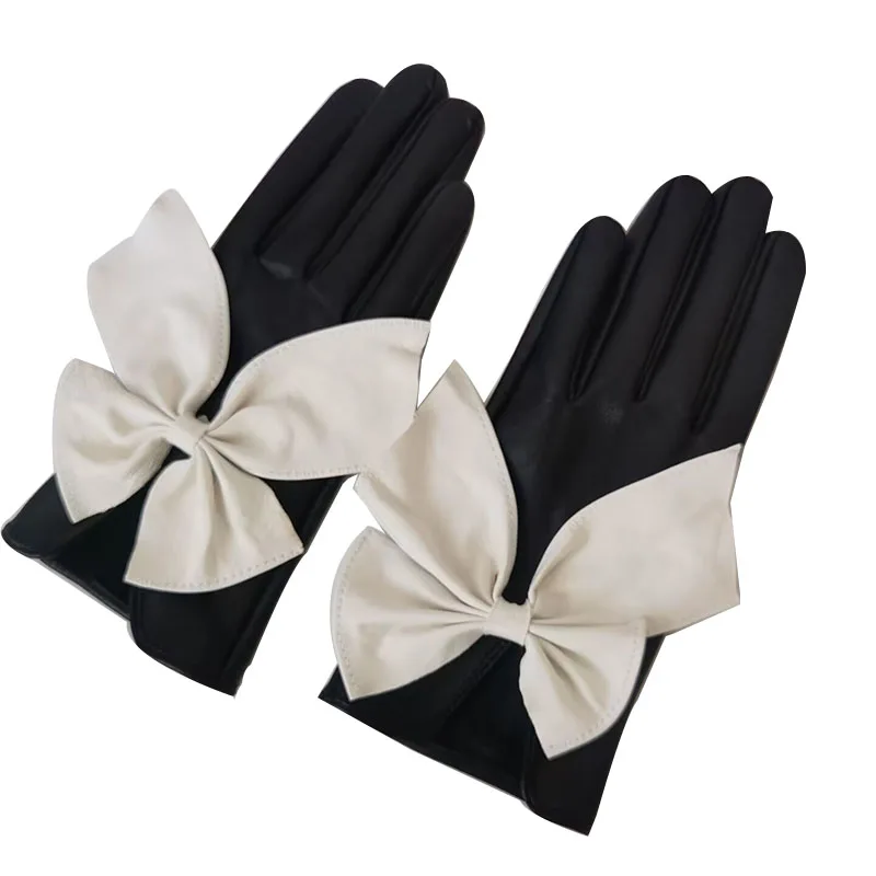 Guantes de piel de oveja auténtica para mujer, decoración de lazo, estilo fino, negro y marrón, invierno, nueva moda