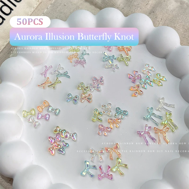 50 ชิ้นที่มีสีสันโบว์เล็บ Charms เล็บอุปกรณ์เสริมศิลปะภาพลวงตา AB สีเรซิ่นริบบิ้น Bows เล็บตกแต่ง Charm