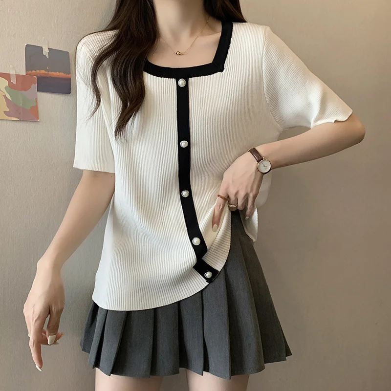 XL-4XL Large Size Spliced Knitted T-shirt Women 2023 Summer Short Sleeve Loose Oversize Tops Square Neck Ice Silk Knit Tshirt