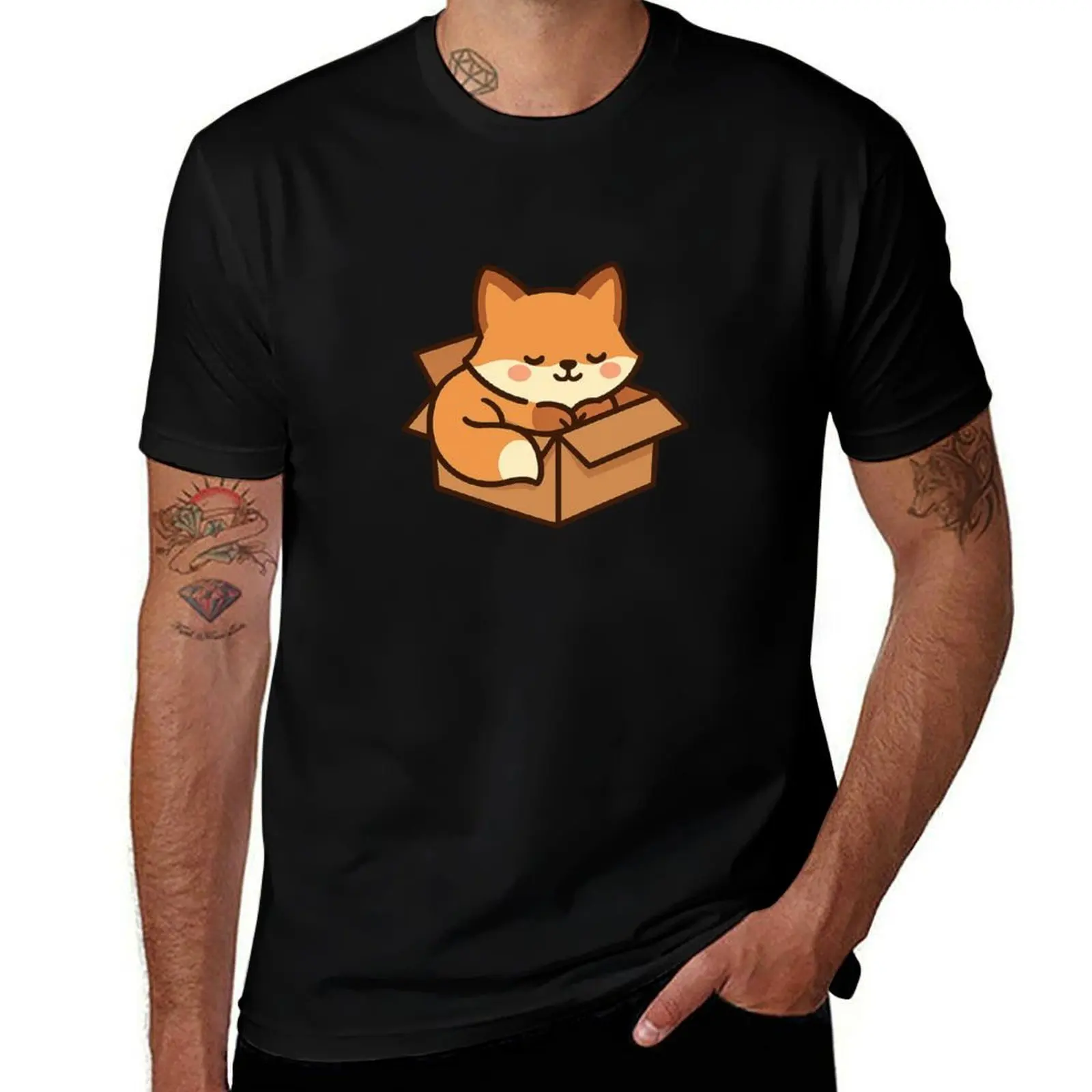 

Fox in a Box – Kawaii Sleeping Fox in Cardboard Sticker T-Shirt affliction shirts men graphic t shirts