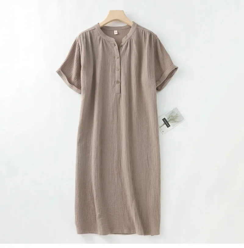 

100% Cotton Gauze Muslin Dresses for Women 2023 Casual Solid Short Sleeve Button Women'S Summer Dress Midi Beach Sundress