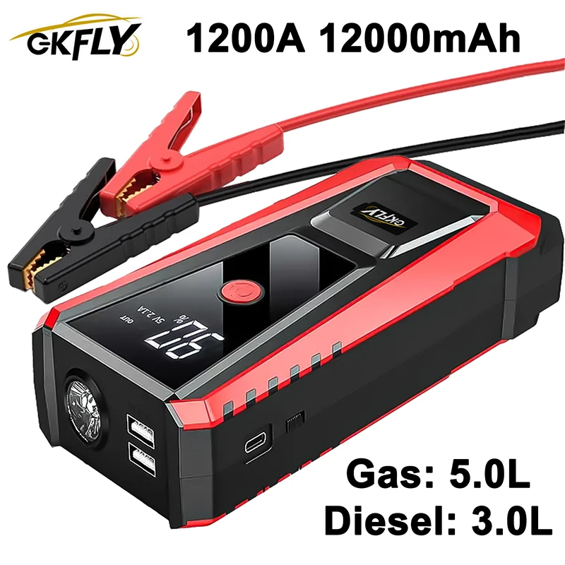 GKFLY 1200A 12000mAh Car Jump Starter Emergency Starting Device Cables Portable Power Bank Charger Battery Booster Buster